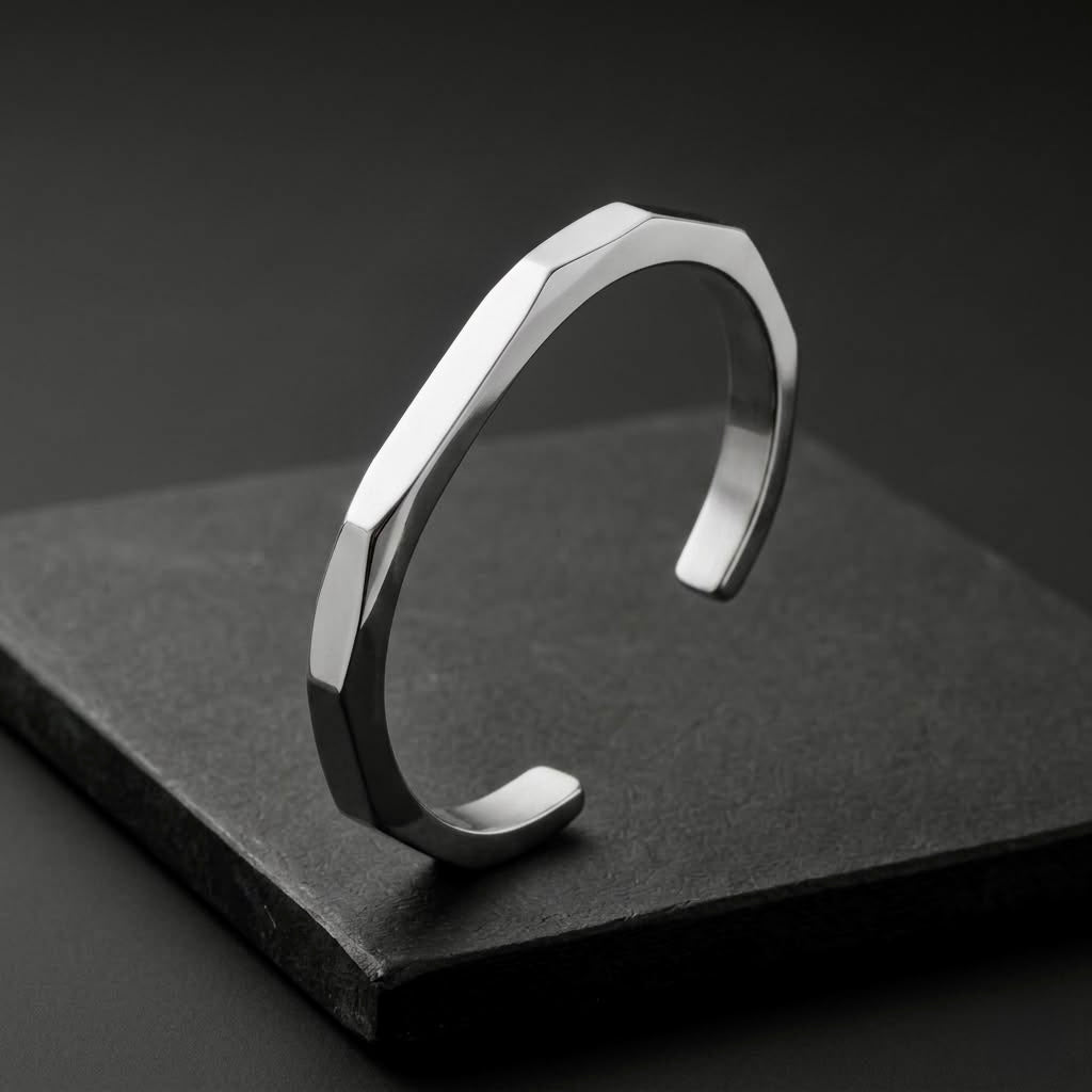 The Prism Geometric Faceted Cuff | Premium Silver Stainless Steel Wrist Cuff for Men