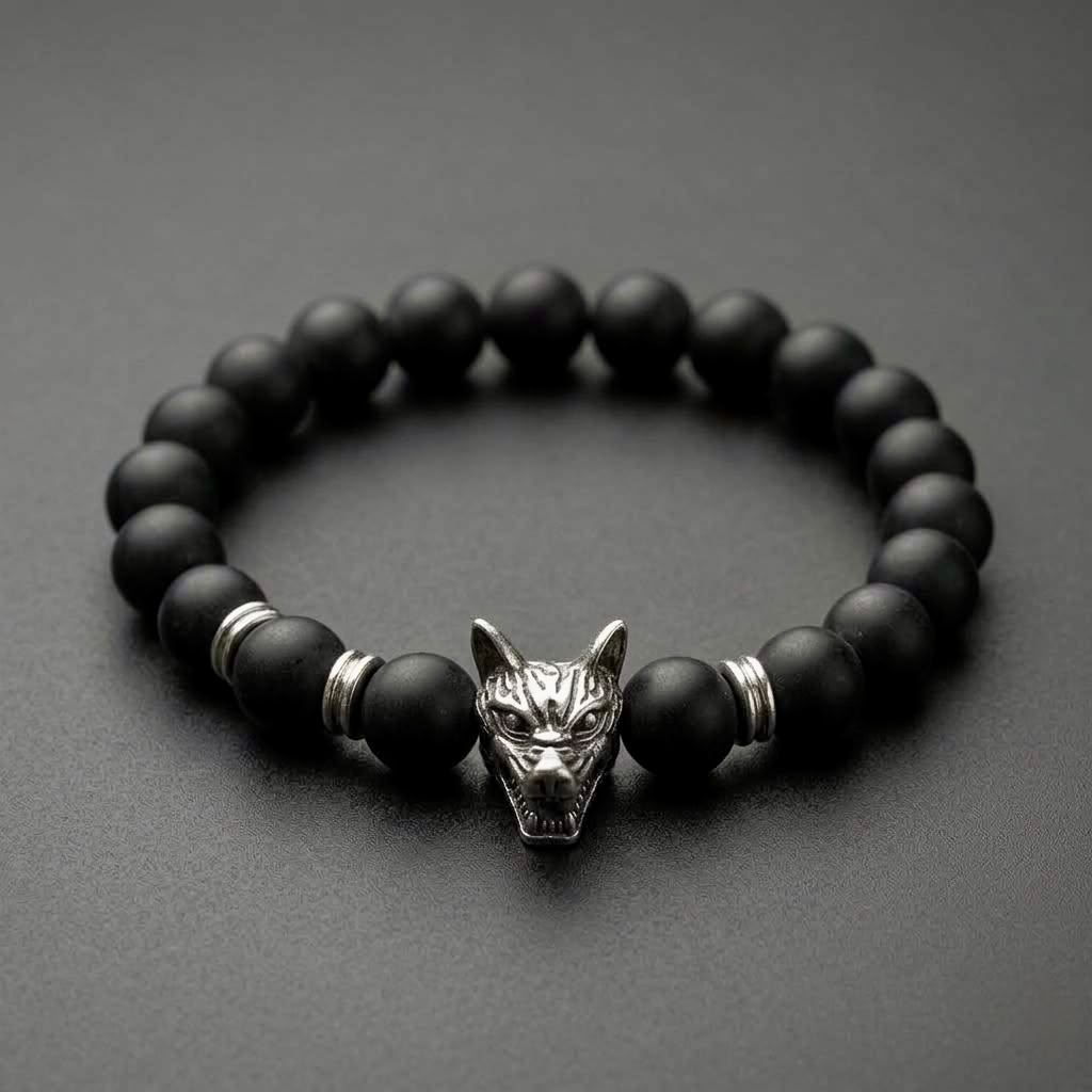 The Fenrir Silver Wolf Bead Bracelet | Matte Black Onyx & Silver Statement Bracelet for Men