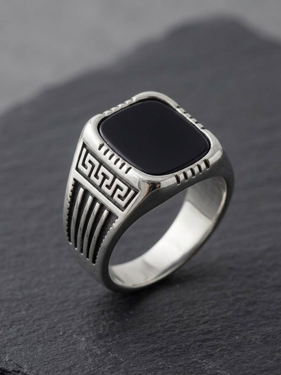 The Spartan Onyx Signet Ring | Premium Antique Silver & Black Onyx Cushion Ring for Men