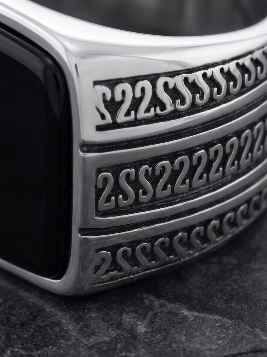 The Cipher Script Onyx Ring | Polished Silver & Black Onyx Signet Ring for Men