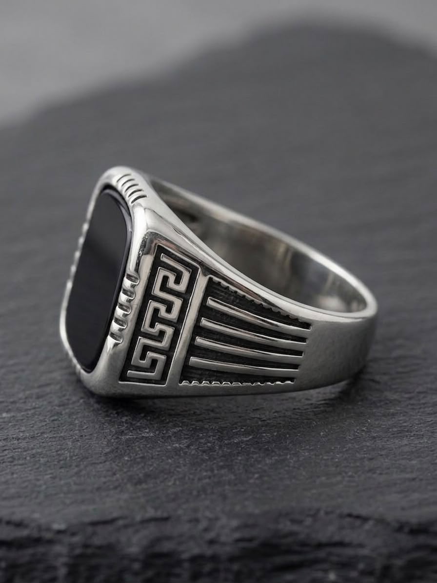 The Spartan Onyx Signet Ring | Premium Antique Silver & Black Onyx Cushion Ring for Men