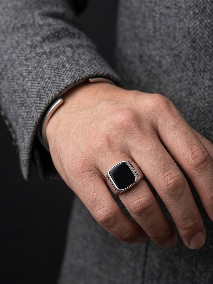 The Valerian Onyx Signet Ring | Premium Silver & Black Greek Key Men's Ring