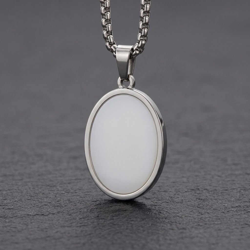 The Noir Dual-Sided Oval Pendant | Reversible Black & White Onyx Stainless Steel Necklace for Men
