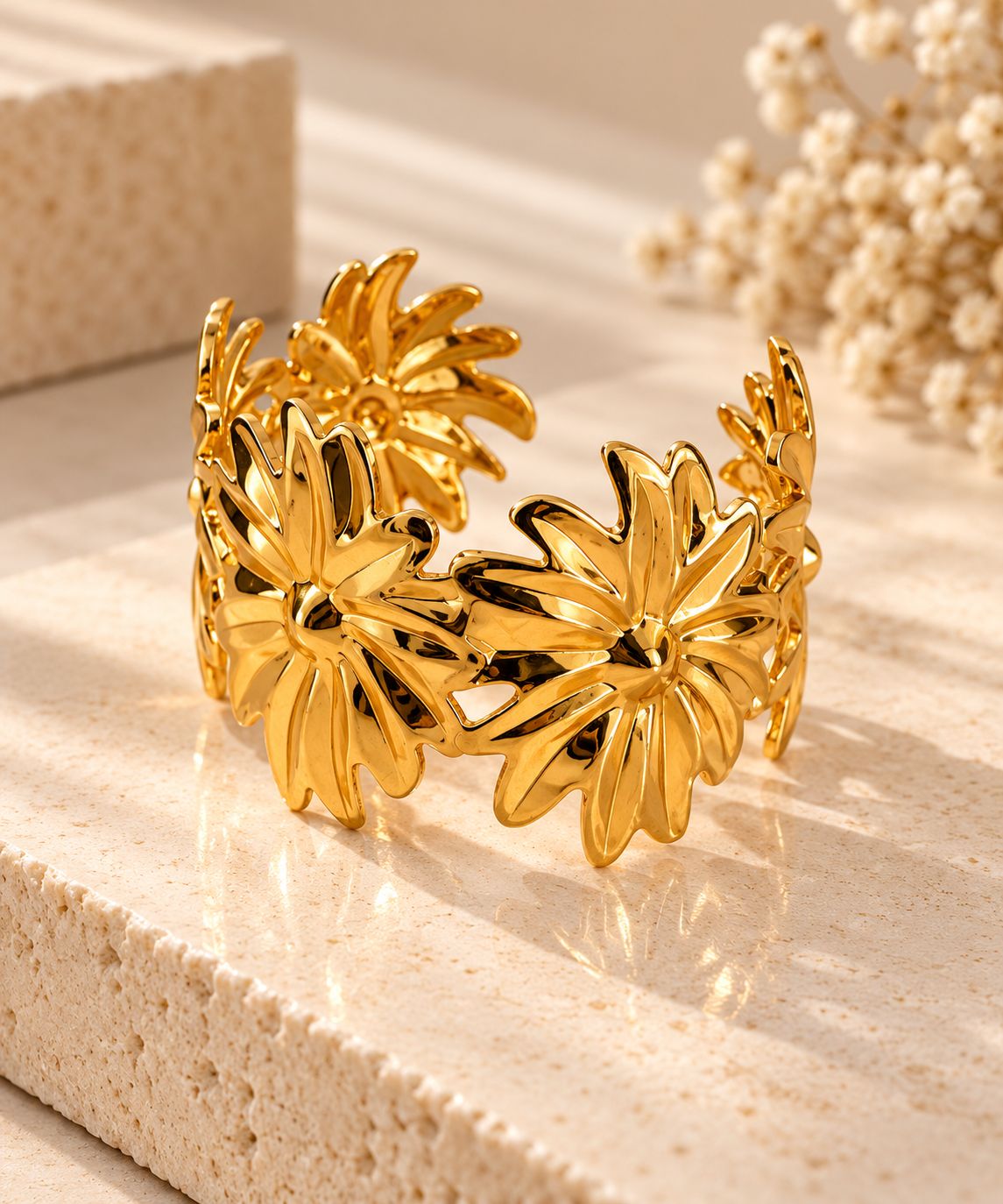 Premium Brass Finish Anti-Tarnish Floral Cuff