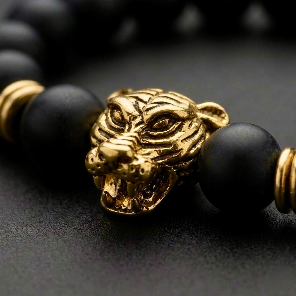The Bengal Tiger Gold Bead Bracelet | Matte Black Onyx & Gold Statement Bracelet for Men
