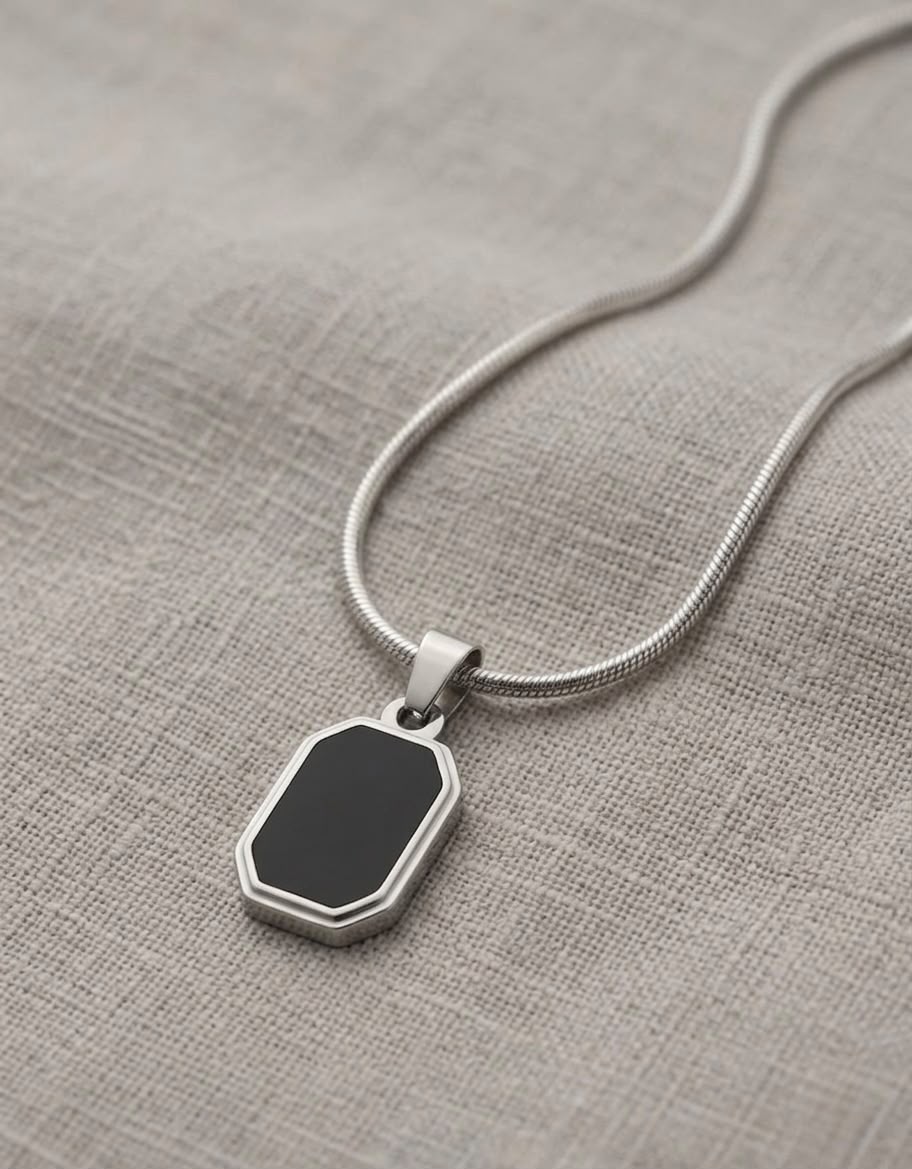 The Sentinel Octagon Onyx Pendant | Premium Silver & Black Onyx Snake Chain Necklace for Men
