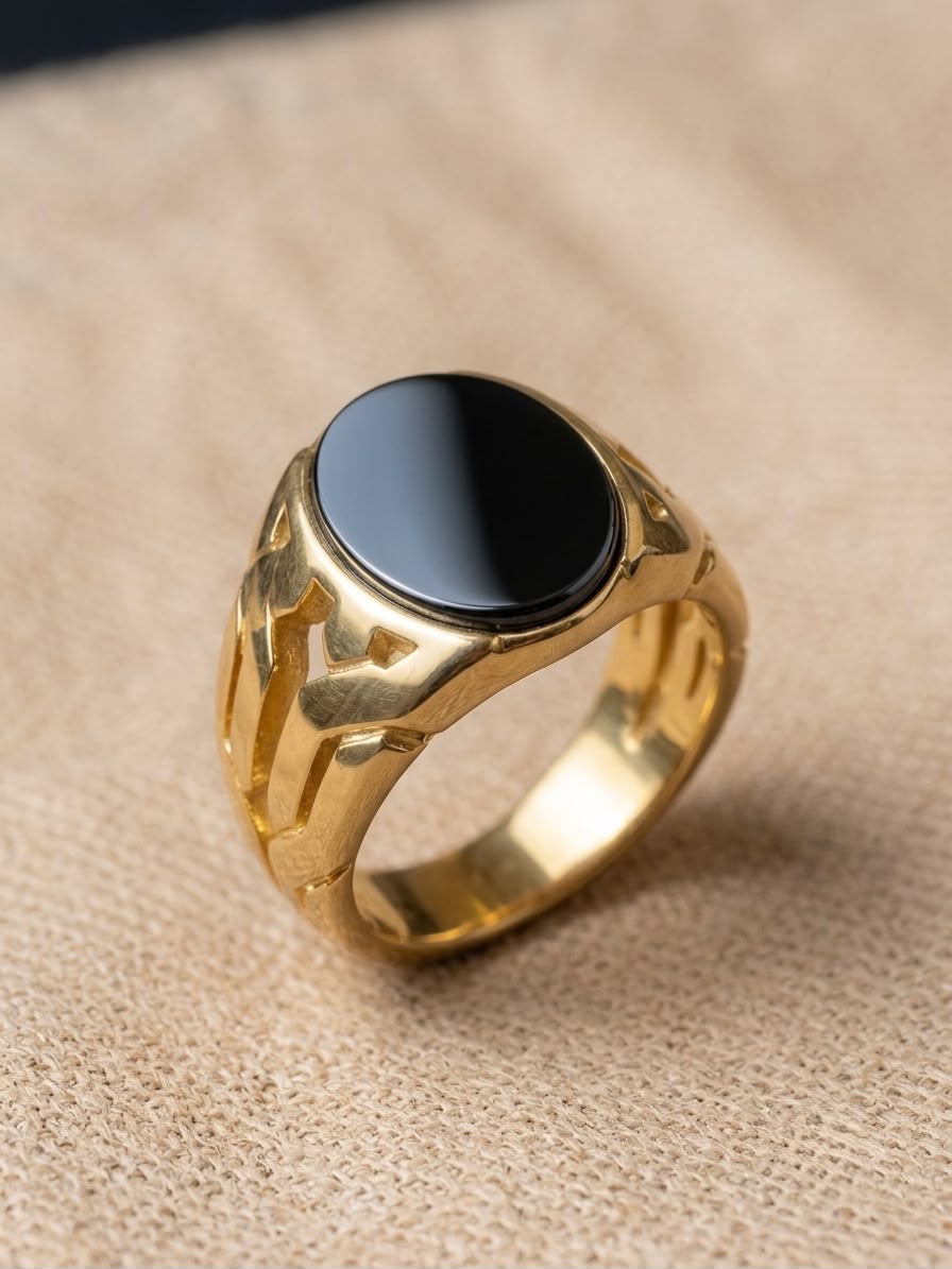 The Dynasty Geometric Cutout Ring | Warm Gold & Black Onyx Oval Signet Ring for Men