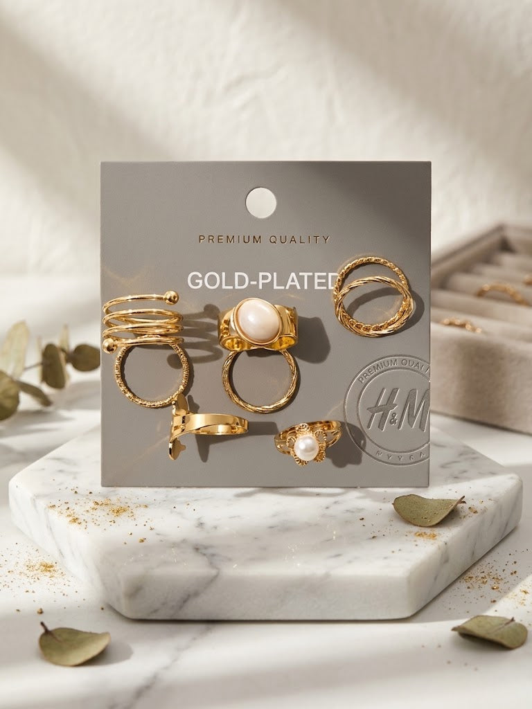 H&M Jewels Stainless Steel Pearl & Textured Ring Set