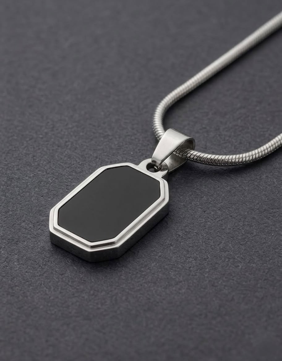 The Sentinel Octagon Onyx Pendant | Premium Silver & Black Onyx Snake Chain Necklace for Men