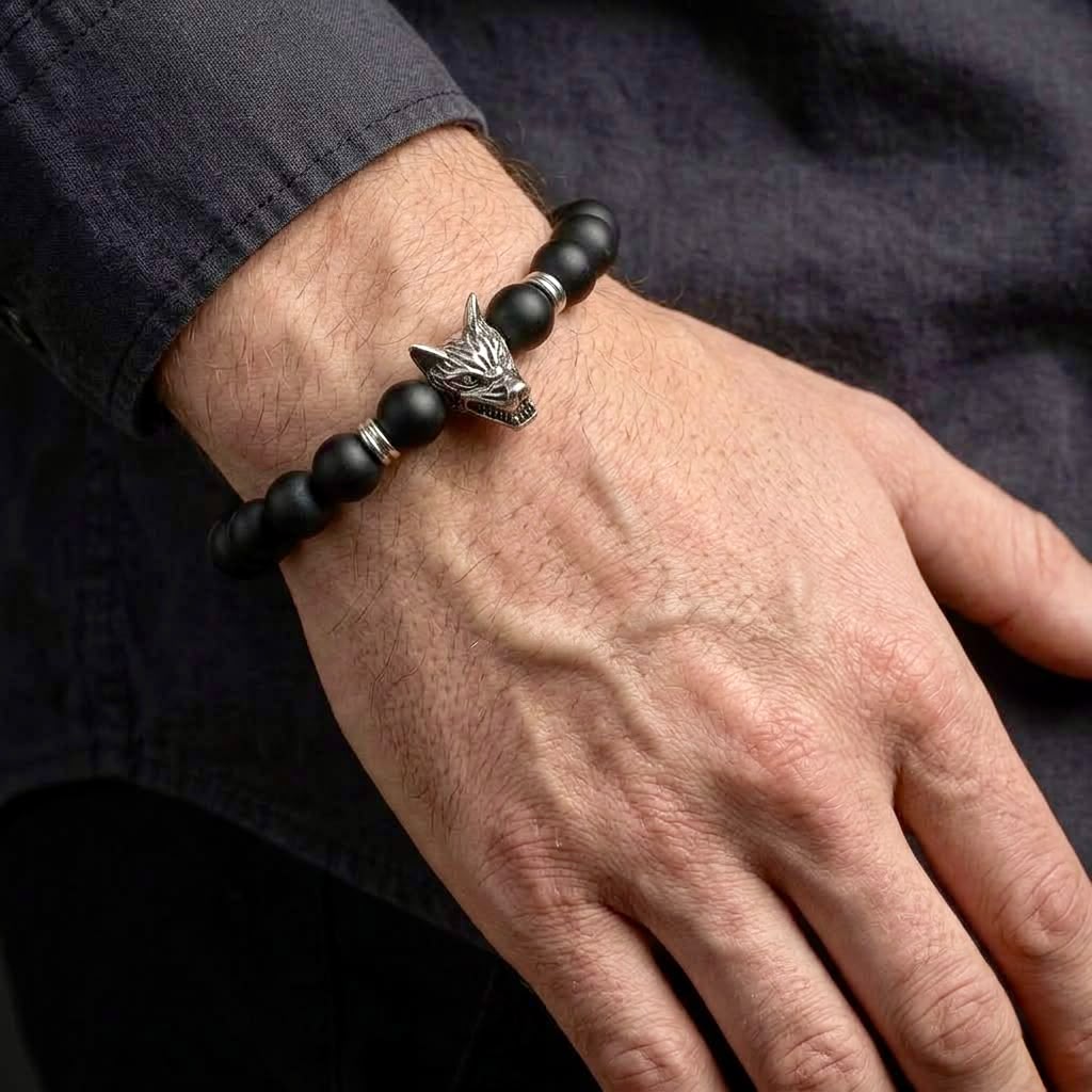 The Fenrir Silver Wolf Bead Bracelet | Matte Black Onyx & Silver Statement Bracelet for Men