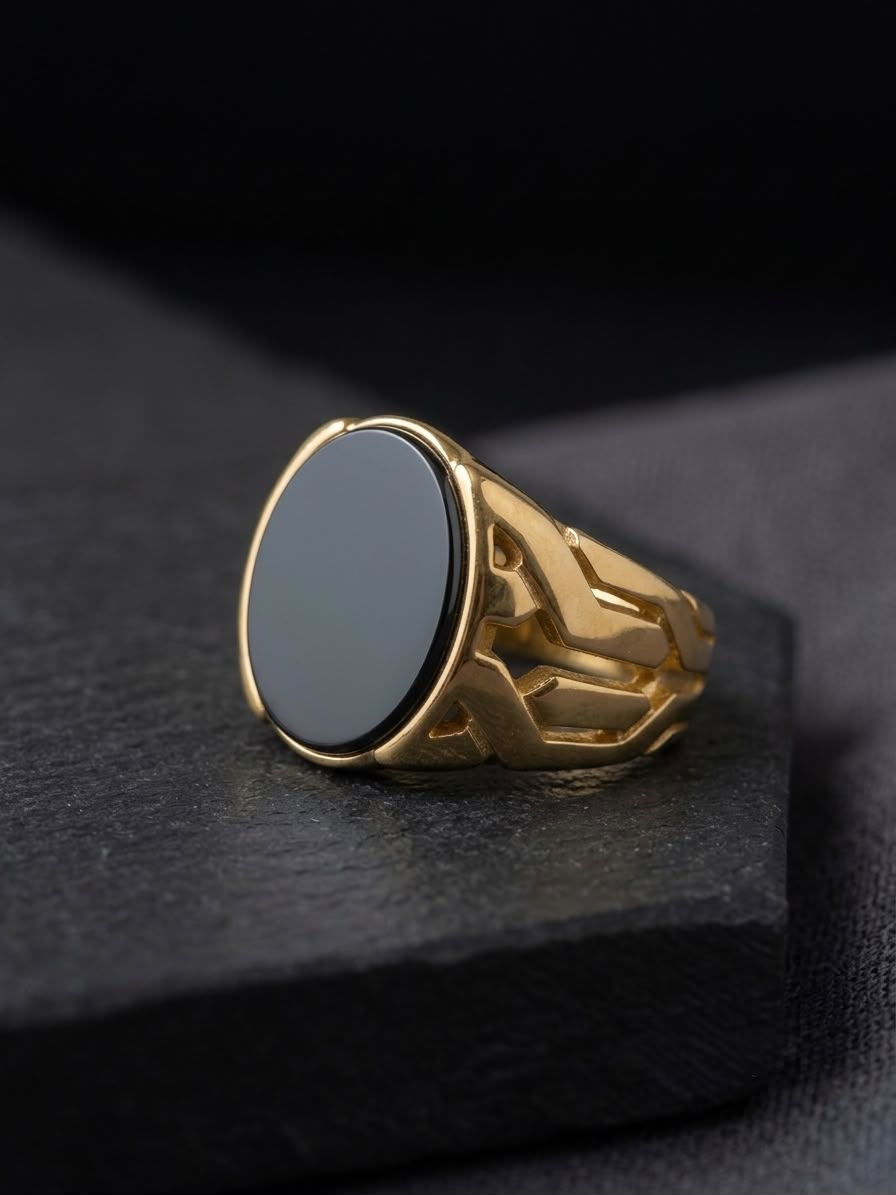 The Dynasty Geometric Cutout Ring | Warm Gold & Black Onyx Oval Signet Ring for Men