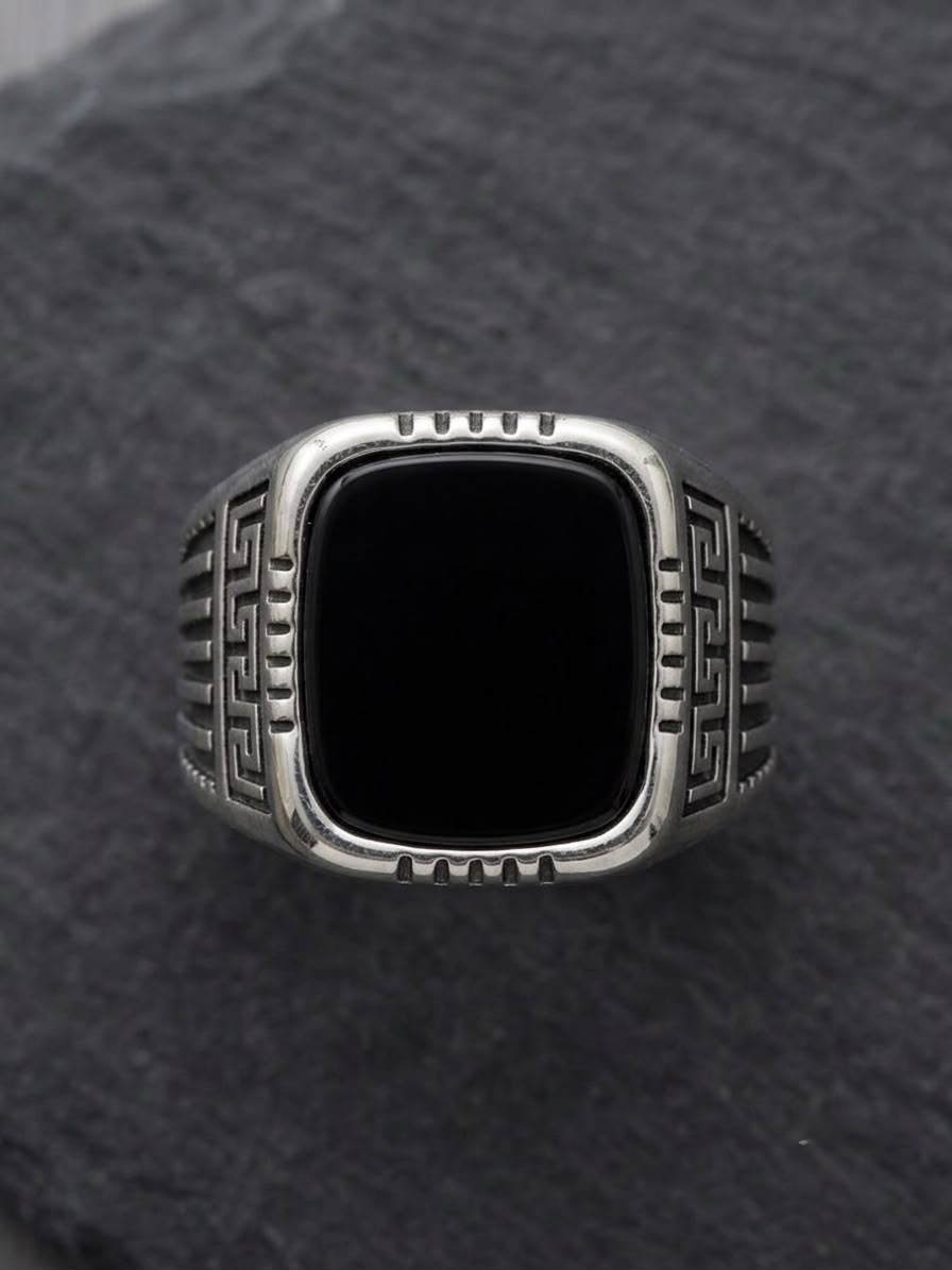 The Spartan Onyx Signet Ring | Premium Antique Silver & Black Onyx Cushion Ring for Men