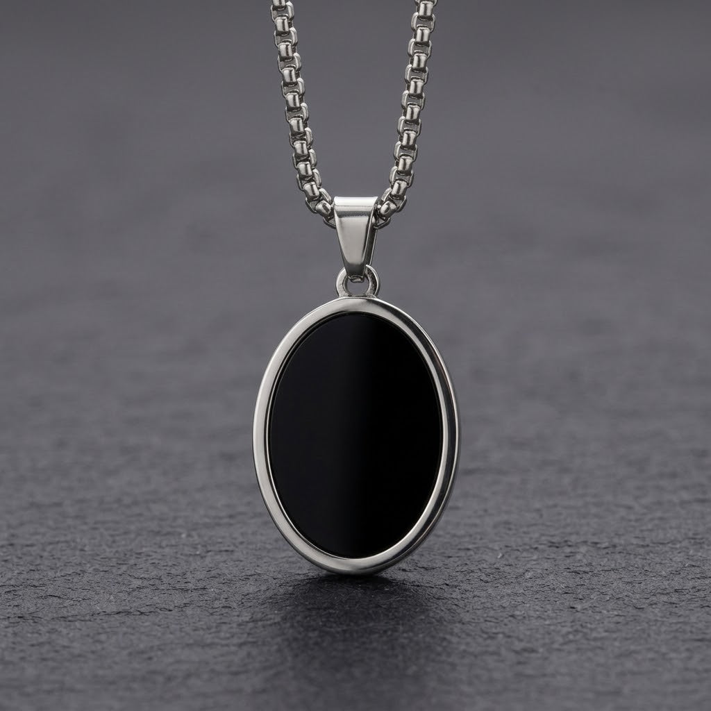 The Noir Dual-Sided Oval Pendant | Reversible Black & White Onyx Stainless Steel Necklace for Men