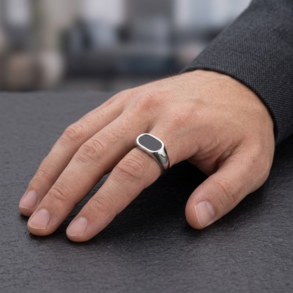 The Oval Onyx Silver Signet Ring | Men's Stainless Steel Black Enamel Ring