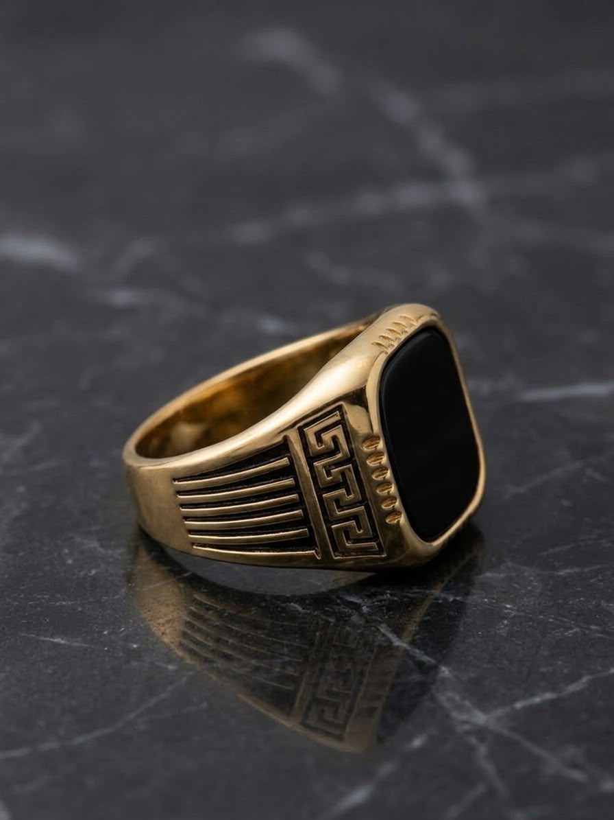 The Spartan Gold Onyx Signet Ring | Premium Gold & Black Greek Key Men's Ring