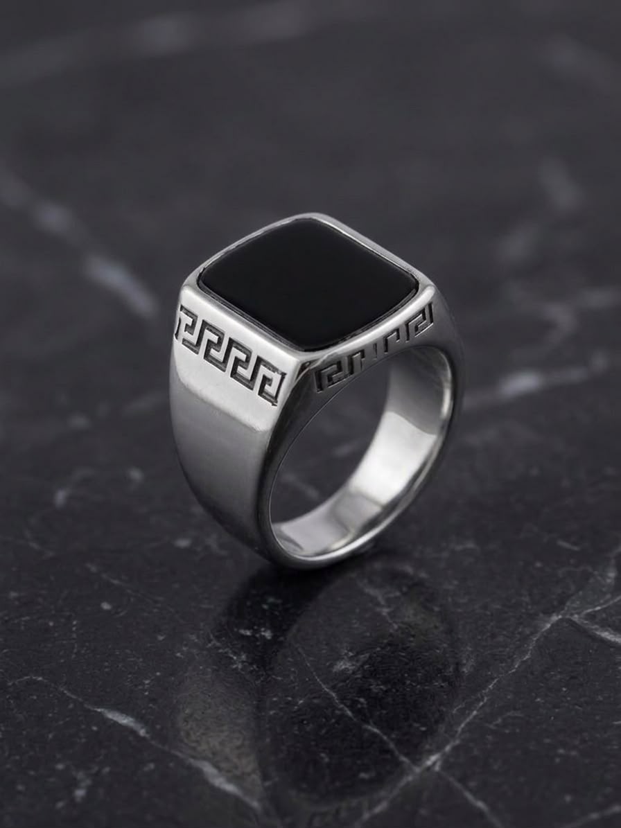 The Valerian Onyx Signet Ring | Premium Silver & Black Greek Key Men's Ring