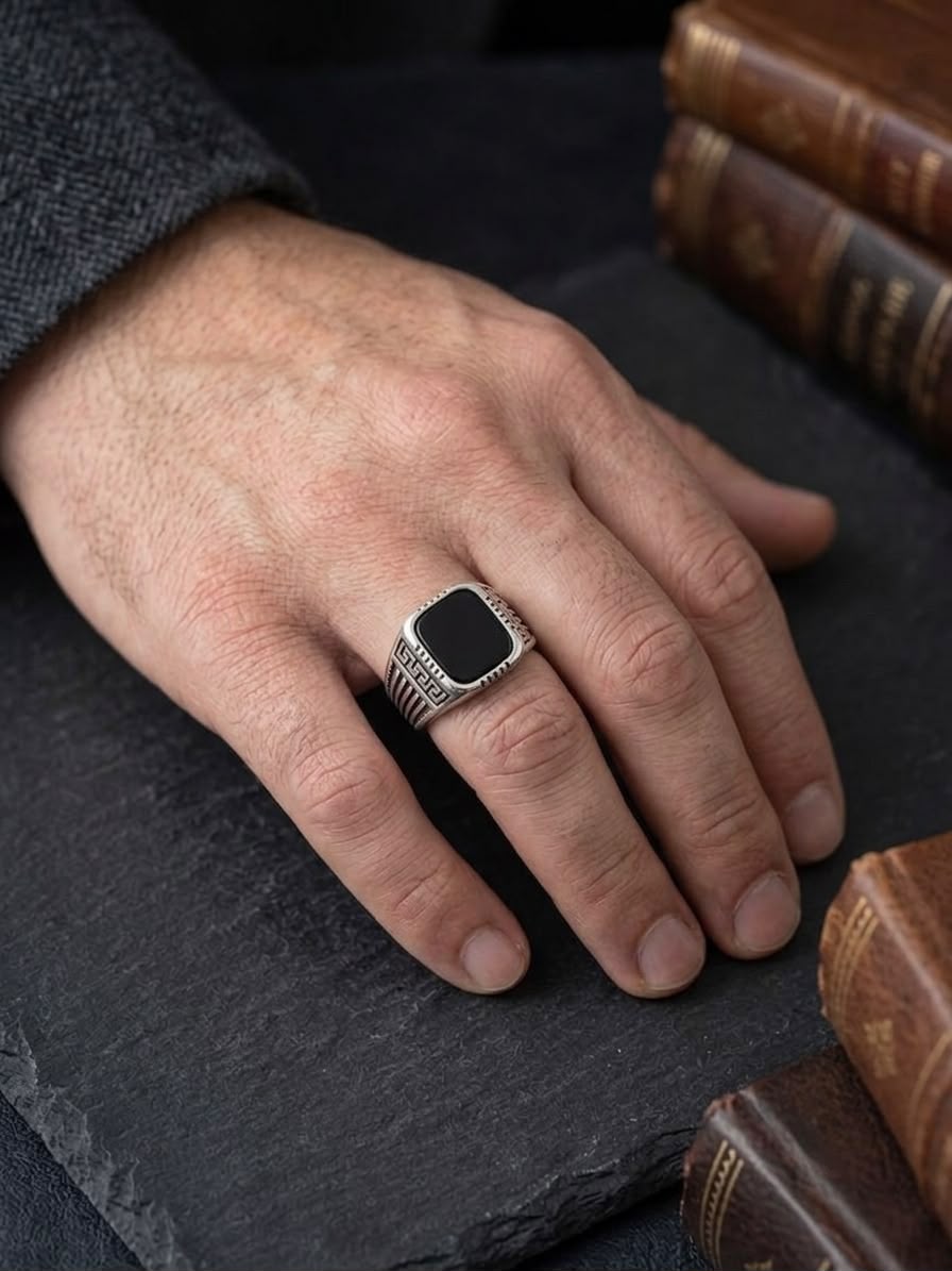 The Spartan Onyx Signet Ring | Premium Antique Silver & Black Onyx Cushion Ring for Men