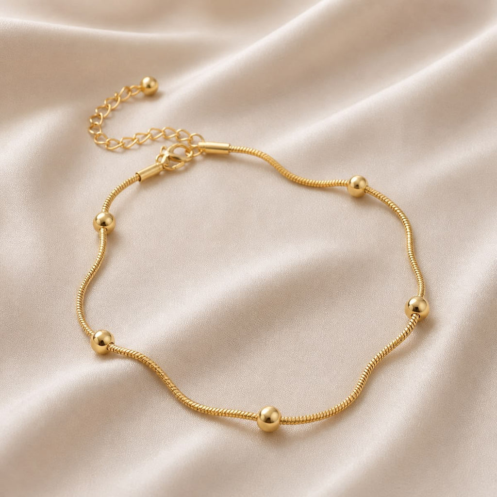 Golden Beaded Station Snake Chain Bracelet