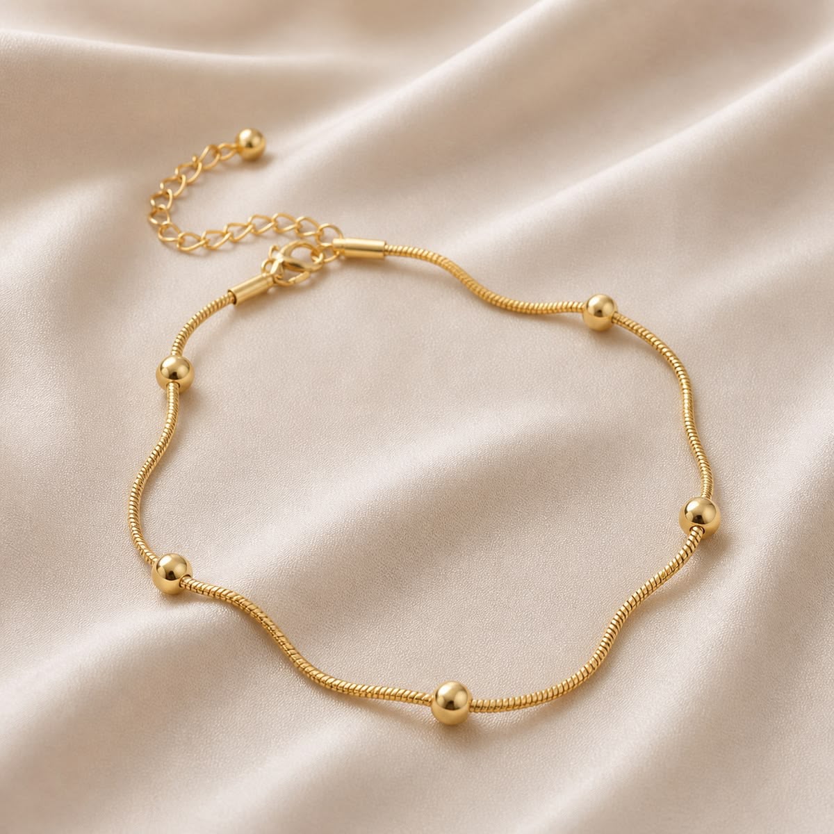 Golden Beaded Station Snake Chain Bracelet