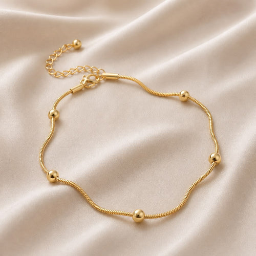 Golden Beaded Station Snake Chain Bracelet