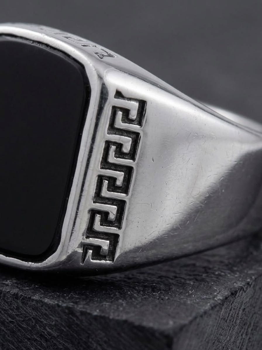 The Valerian Onyx Signet Ring | Premium Silver & Black Greek Key Men's Ring