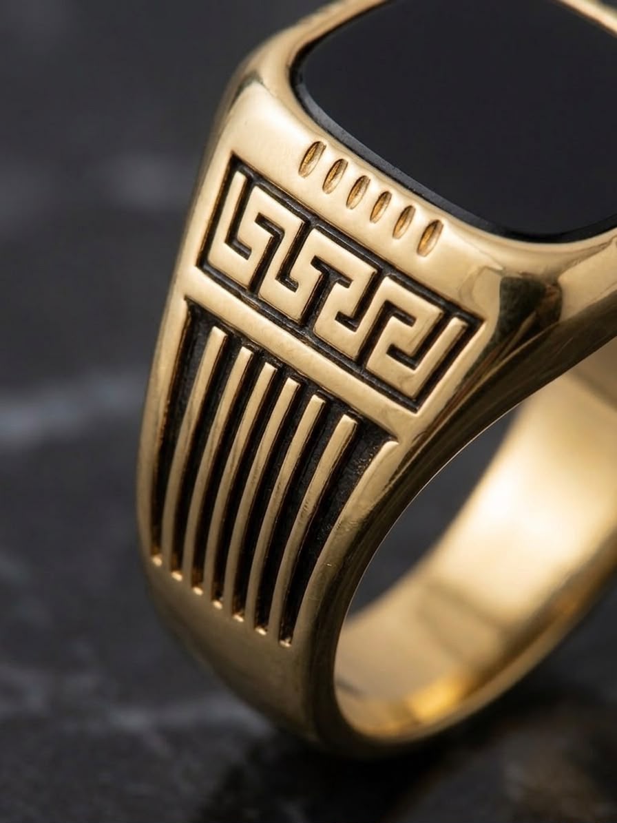 The Spartan Gold Onyx Signet Ring | Premium Gold & Black Greek Key Men's Ring