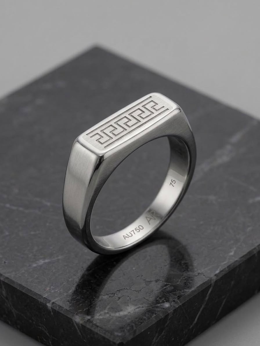 The Pantheon Greca Bar Ring | Premium Brushed Silver Greek Key Signet Ring for Men