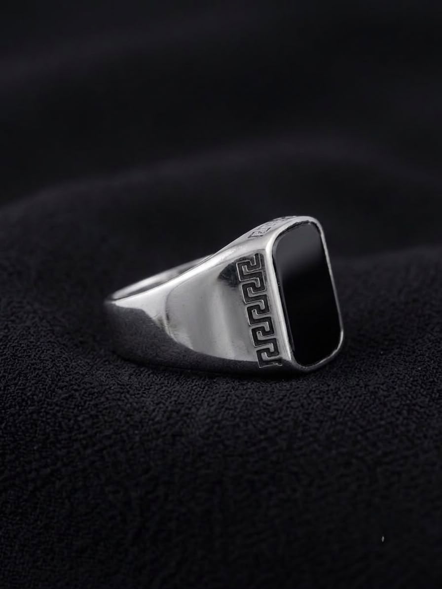 The Valerian Onyx Signet Ring | Premium Silver & Black Greek Key Men's Ring
