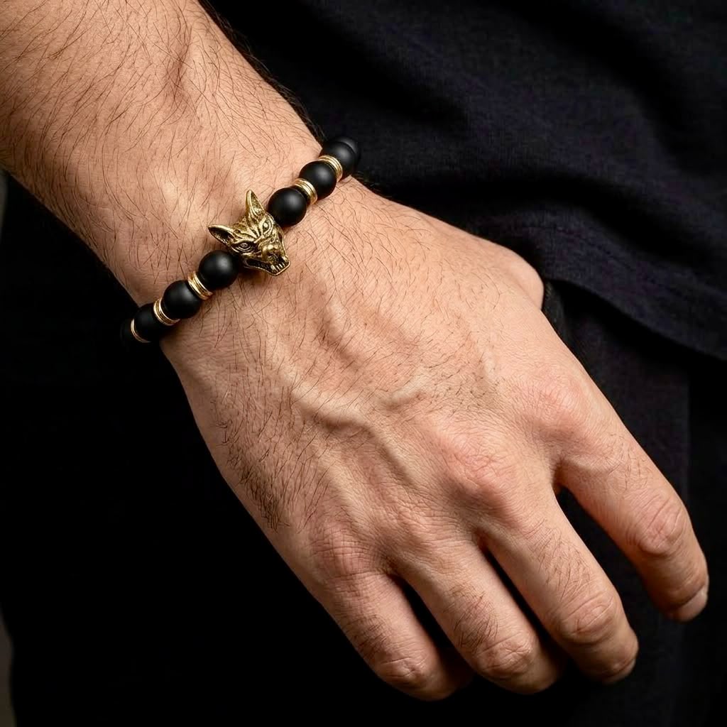 The Fenrir Gold Wolf Bead Bracelet | Matte Black Onyx & Gold Statement Bracelet for Men