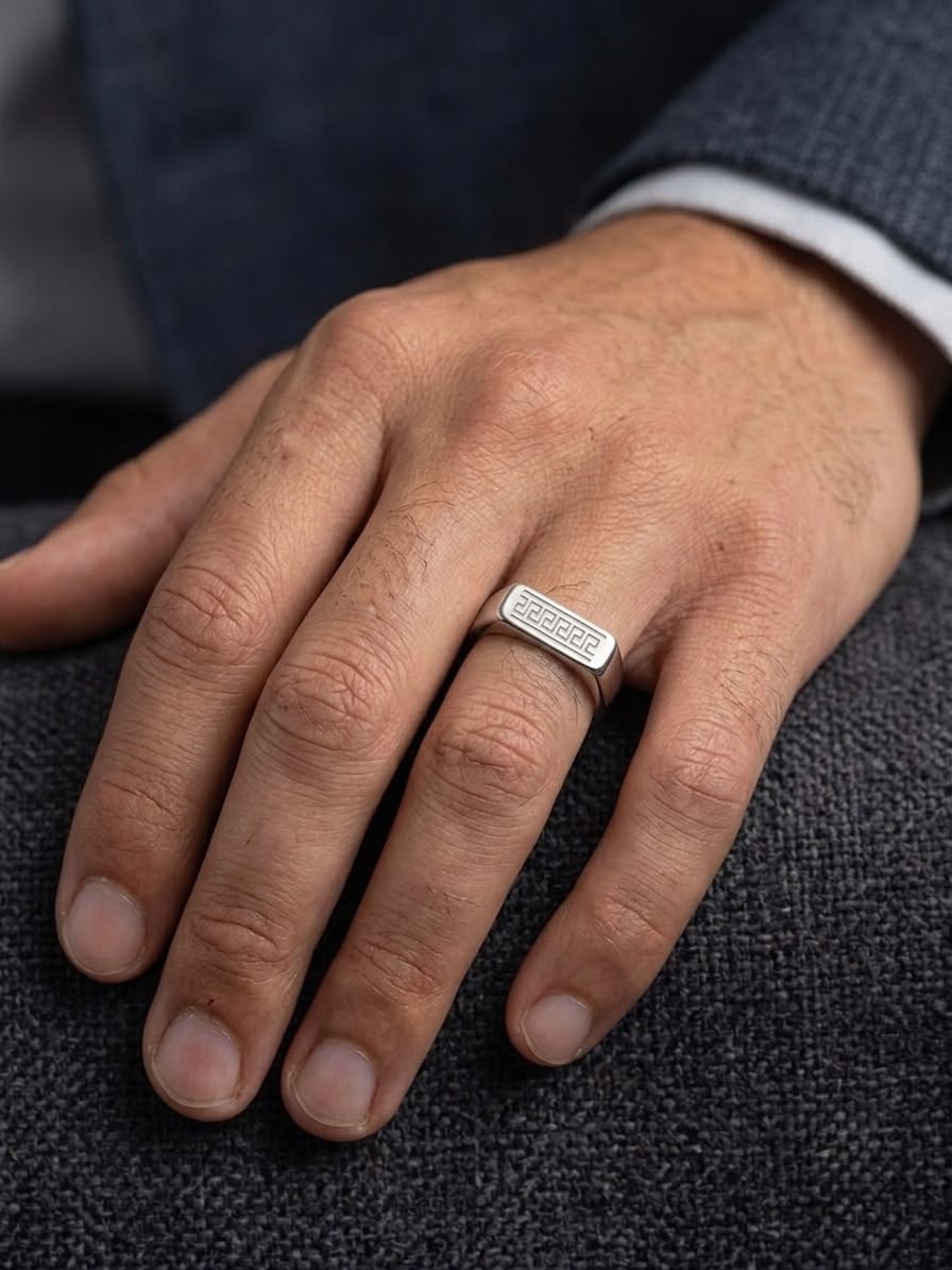 The Pantheon Greca Bar Ring | Premium Brushed Silver Greek Key Signet Ring for Men