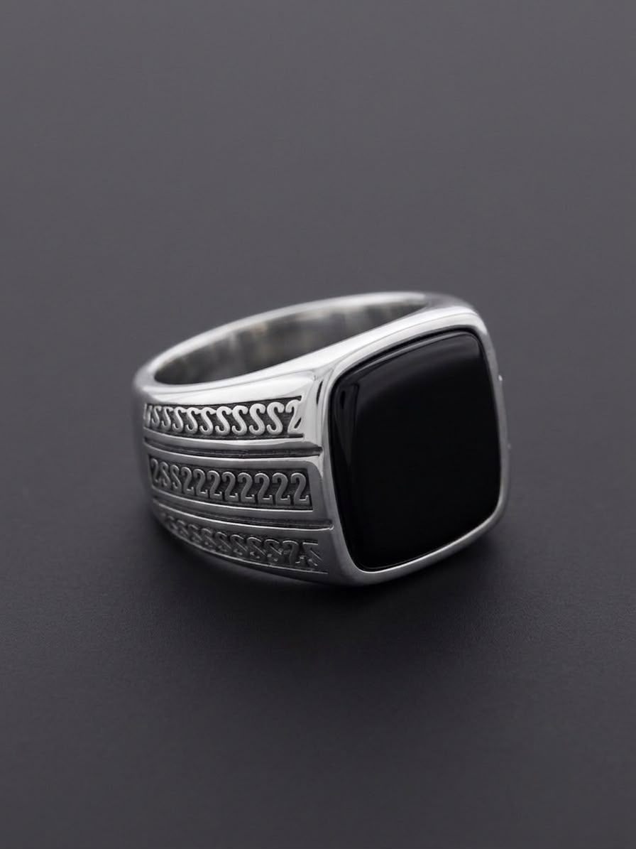 The Cipher Script Onyx Ring | Polished Silver & Black Onyx Signet Ring for Men
