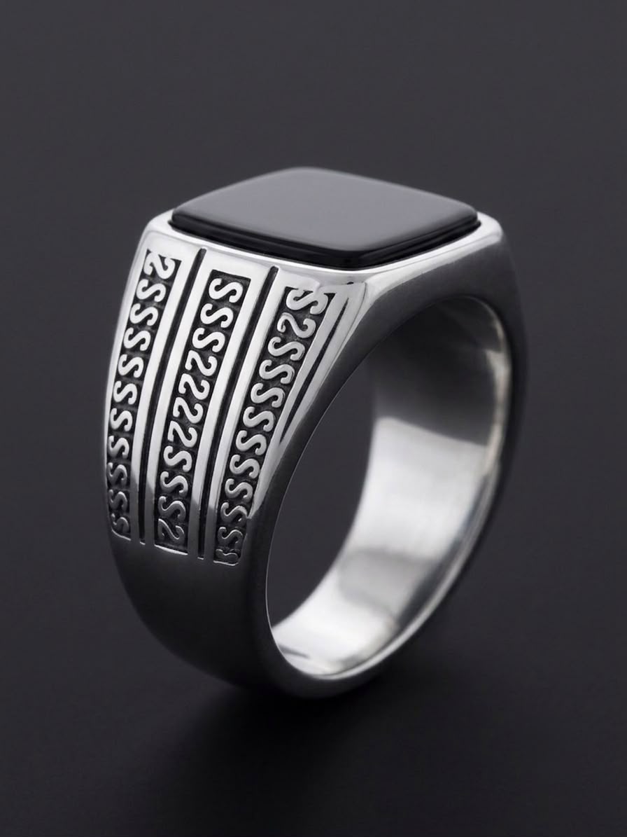 The Cipher Script Onyx Ring | Polished Silver & Black Onyx Signet Ring for Men