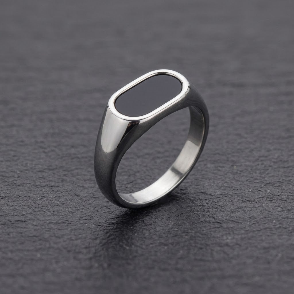 The Oval Onyx Silver Signet Ring | Men's Stainless Steel Black Enamel Ring
