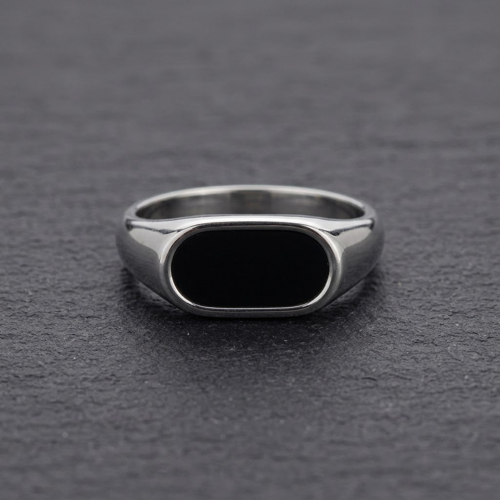 The Oval Onyx Silver Signet Ring | Men's Stainless Steel Black Enamel Ring