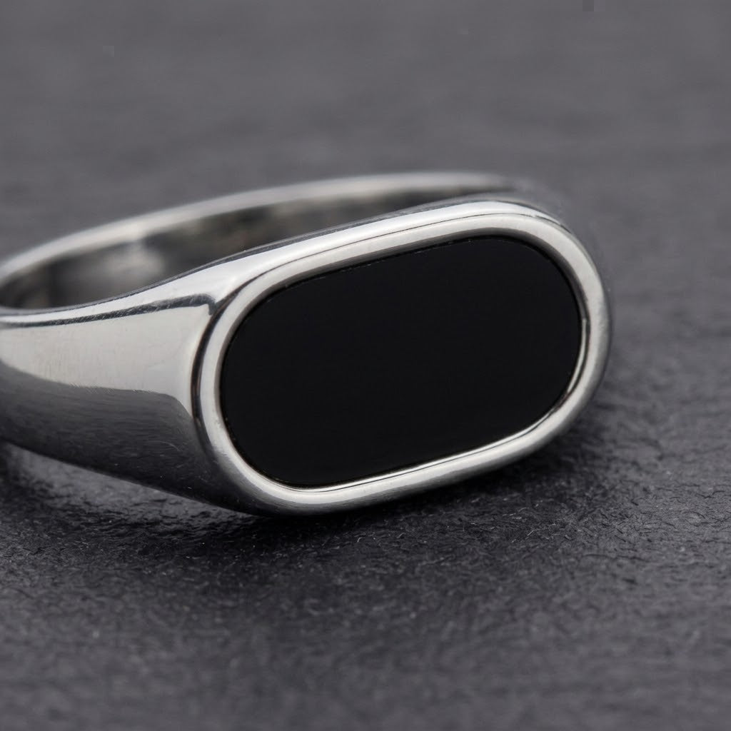 The Oval Onyx Silver Signet Ring | Men's Stainless Steel Black Enamel Ring