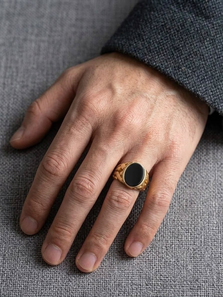 The Dynasty Geometric Cutout Ring | Warm Gold & Black Onyx Oval Signet Ring for Men