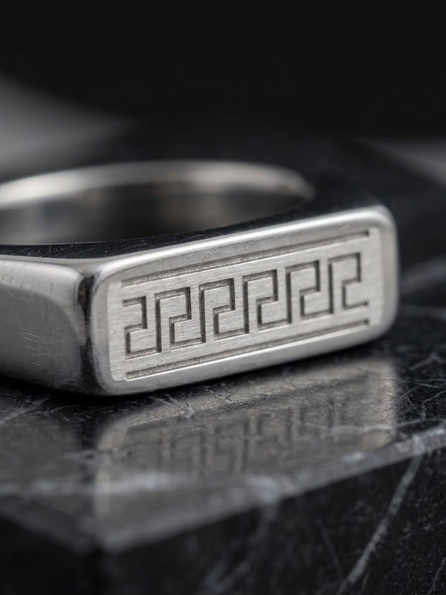 The Pantheon Greca Bar Ring | Premium Brushed Silver Greek Key Signet Ring for Men