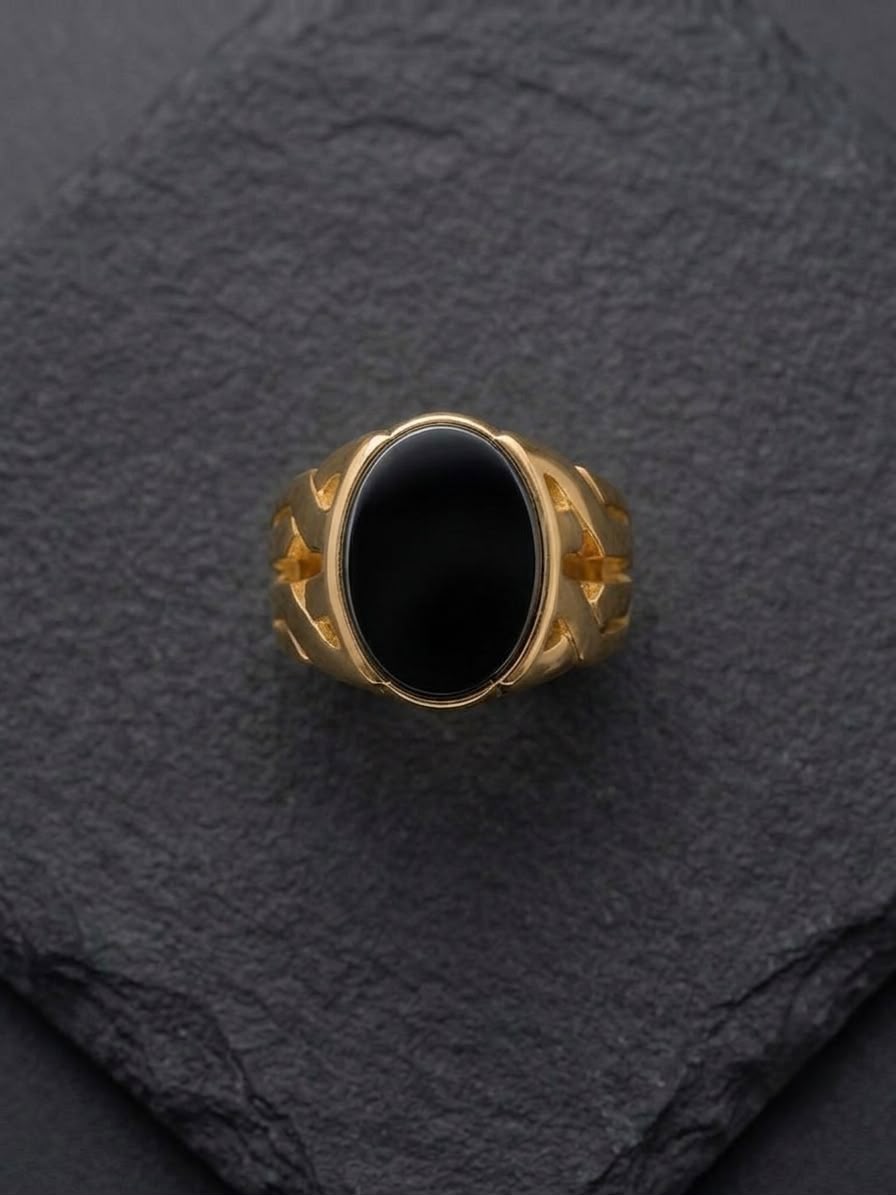 The Dynasty Geometric Cutout Ring | Warm Gold & Black Onyx Oval Signet Ring for Men