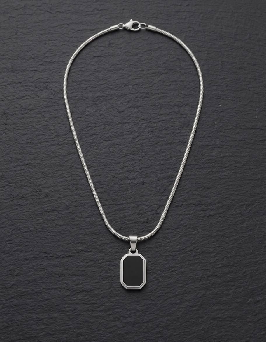 The Sentinel Octagon Onyx Pendant | Premium Silver & Black Onyx Snake Chain Necklace for Men