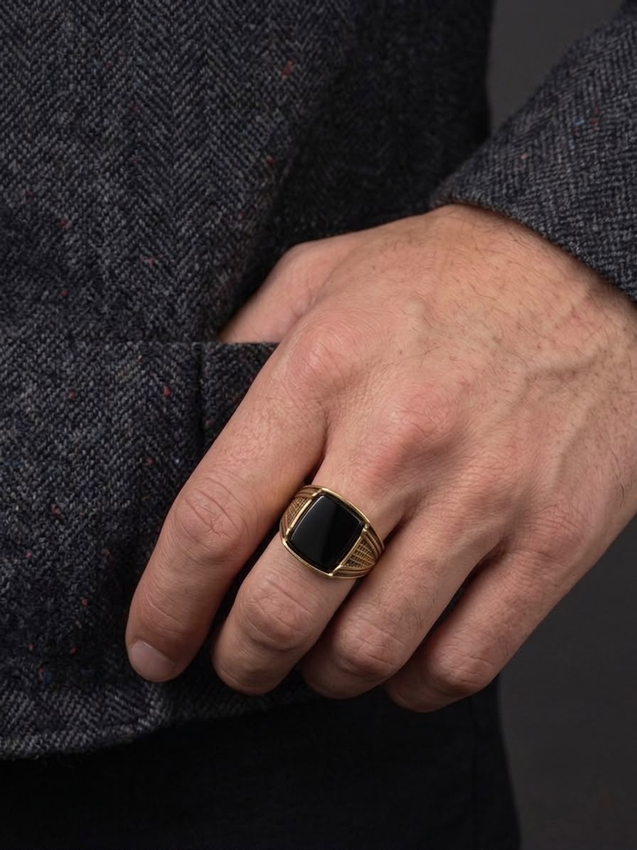The Sovereign Grid Onyx Ring | Warm Gold & Black Onyx Signet Ring for Men