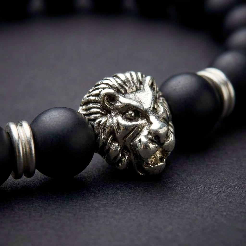 The Apex Lion Silver Bead Bracelet | Matte Black Onyx & Silver Statement Bracelet for Men