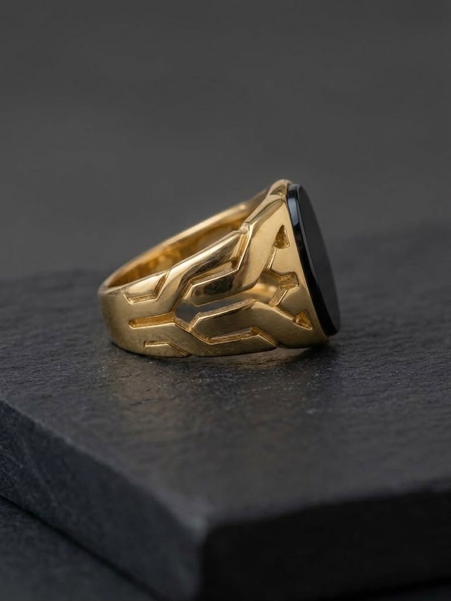 The Dynasty Geometric Cutout Ring | Warm Gold & Black Onyx Oval Signet Ring for Men
