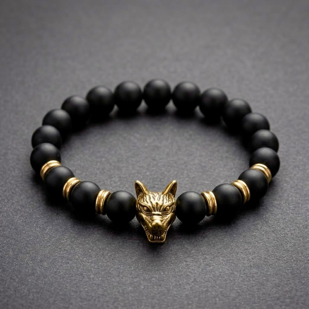 The Fenrir Gold Wolf Bead Bracelet | Matte Black Onyx & Gold Statement Bracelet for Men