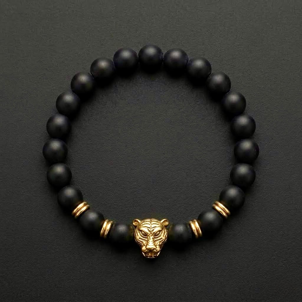 The Bengal Tiger Gold Bead Bracelet | Matte Black Onyx & Gold Statement Bracelet for Men