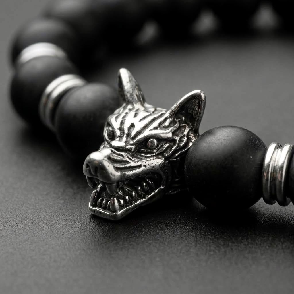 The Fenrir Silver Wolf Bead Bracelet | Matte Black Onyx & Silver Statement Bracelet for Men