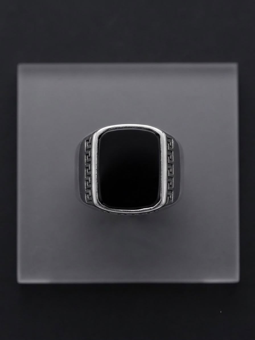 The Valerian Onyx Signet Ring | Premium Silver & Black Greek Key Men's Ring
