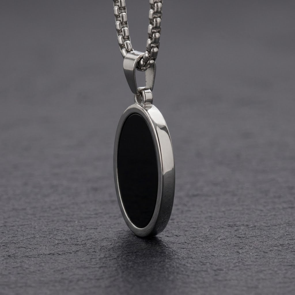 The Noir Dual-Sided Oval Pendant | Reversible Black & White Onyx Stainless Steel Necklace for Men