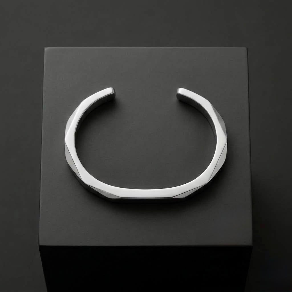 The Prism Geometric Faceted Cuff | Premium Silver Stainless Steel Wrist Cuff for Men