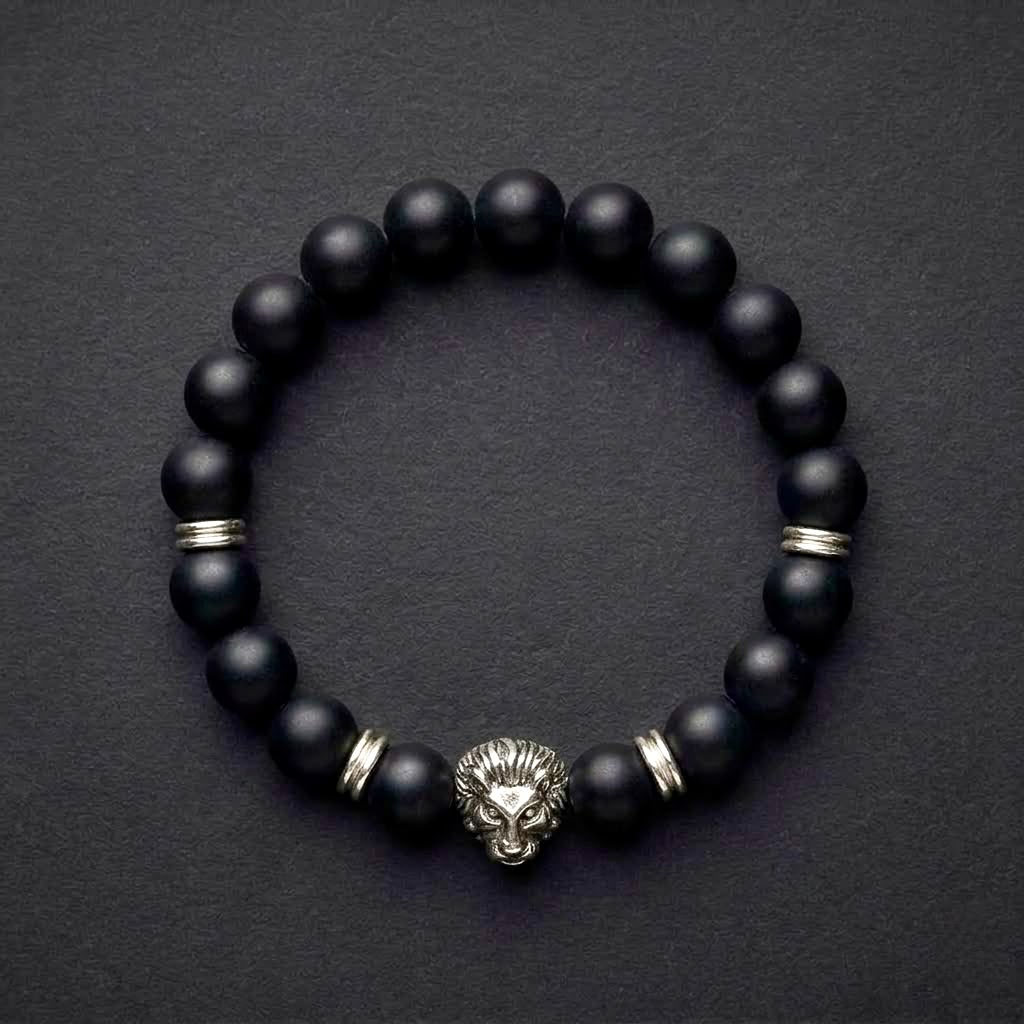 The Apex Lion Silver Bead Bracelet | Matte Black Onyx & Silver Statement Bracelet for Men