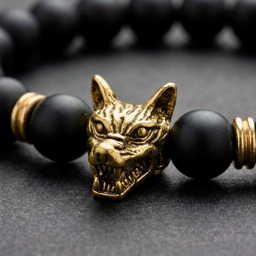 The Fenrir Gold Wolf Bead Bracelet | Matte Black Onyx & Gold Statement Bracelet for Men